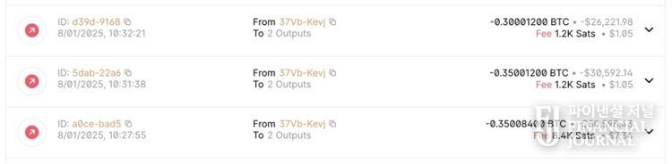 0.35 + 0.35 + 0.3 BTC 총 1비트코인을 출금해간 자료